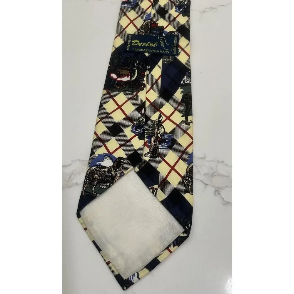 Italian Men’s Silk Tie‎ 4” Yellow Plaid Equestrian Duck Hunting Bird Dog Desire